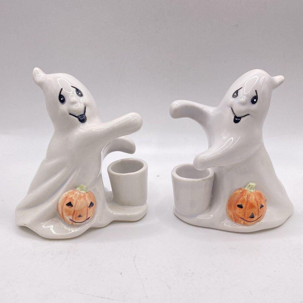 FITZ & FLOYD OMNIBUS Ghosts  With Pumpkin CANDLE HOLDERS Vintage Set If 2!